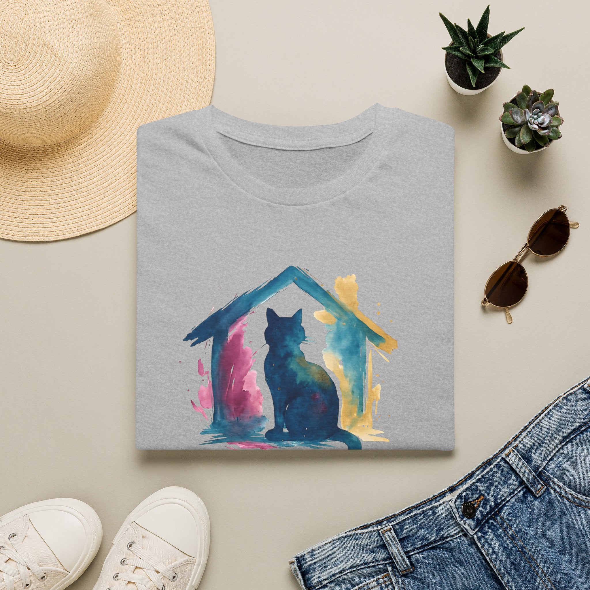 Watercolor Cat Inside House T-Shirt